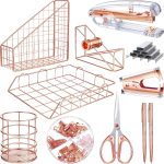 Rose Gold Desk Accessories Office Supplies Set, File Holder, Magazine File Organizer, Pen Holder, Stapler, Staple Remover, Staples, Tape Dispenser, Ballpoint Pen, Scissor, Binder Clips for Office